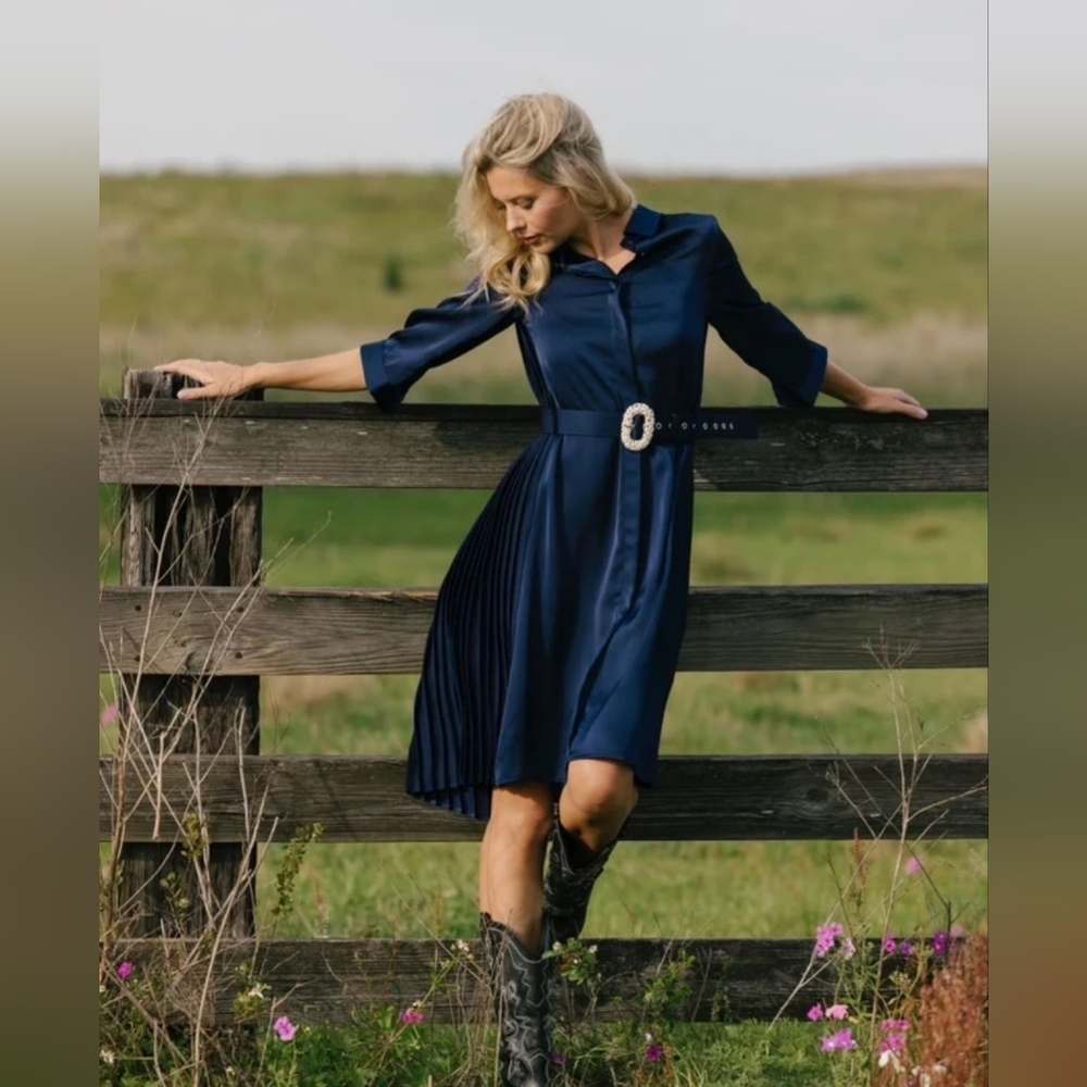 Aleeza Elegant Marquis Navy Belted Midi Dress With Pleats
